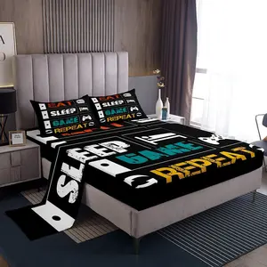Gamer Fitted Sheet for Boys Teens,Gaming Girls Video Game Controller Bed Sheet Set,Funny Creative Eat Sleep Game Repeat Design Bedding Sheet