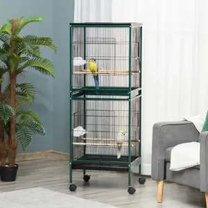 Convertible Bird Aviary – 55"H Green Cage for Canaries, Finches, Conures, 20.5"W x 19.75"D, 2-in-1 Design (Separate or Combine), Slide-Out Trays, Rolling Wheels