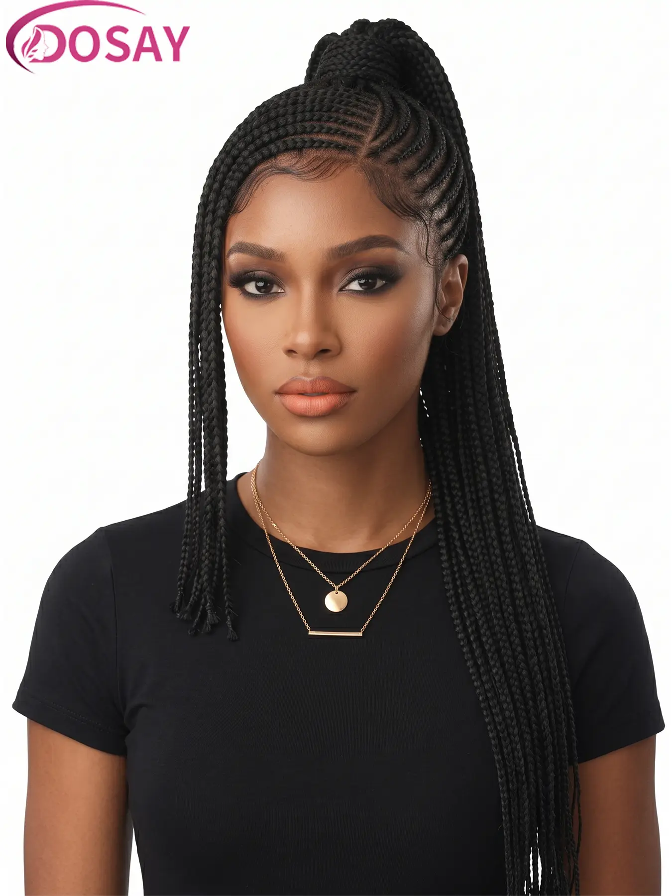 Dosay Black Box Braids Wig High Ponytail-Lace Front Synthetic Braided Wigs for Black Women Chic Box Braids Ponytail Wig for Work&Gym Long Cornrows Updo Braided Lace Wig Natural Hairline Wigs Beginner-friendly