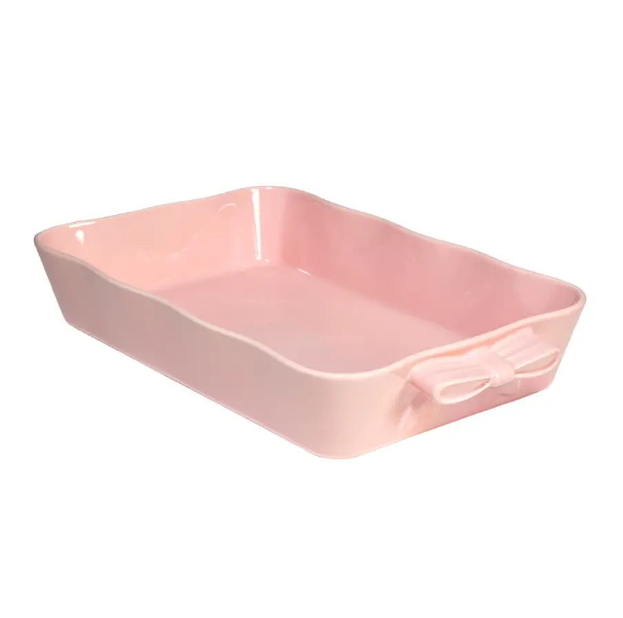 Pink Ceramic Stoneware Lasagna Baking Dish 13x9" Oven Safe 450°F Bow Handles