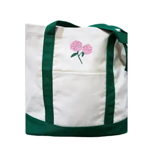 Embroidered Hydrangea Canvas Boat Tote