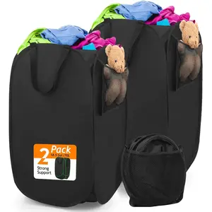 Upgraded Polyester Pop-up Laundry Hamper 2 Pack, 70L(18.5 Gal) Laundry Basket with Durable Handles, Solid Bottom, High Carbon Steel Frame & Side Pocket, Easy to Open and Fold Flat for Storage