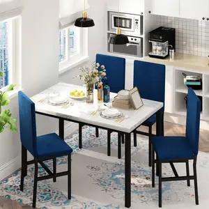 5 Piece   & Chair   4 Velvet Upholstered And Density Sponge Padded  Chairs, Modern Style Rectangle Kitchen  Furniture   Faux Marble  Top, 4-Person Metal And Wood Breakfast Nook Dinette  For Kitchen, gaming dining table set with White Color Block Sofa