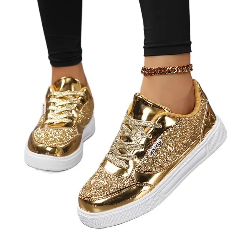 Women's Gold Sequin Sneakers, Casual Lace Up Low-Tops with a Lightweight Synthetic Upper and EVA Sole for Everyday Wear, Sequins, Round Toe, Glittered, Shoe, Sports Shoes, Footwear, Training, Microfiber Upper, Sequined Glitter, Walking Shoes, Closed