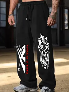 Hellstar Flame Skull Print Wide Leg Pants, Loose Fit, Unisex, Streetwear, Y2K Style, Cotton Blend, Drawstring Waist, Trendy Fashion