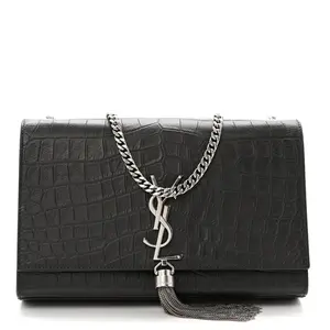 Pre-owned Yves Saint Laurent Crocodile Embossed Calfskin Shoulder Bags Calfskin Crocodile Embossed Medium Classic Monogram Kate Tassel Satchel Storm