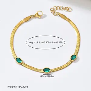 Emerald Hued Light Luxury Bracelet with Gold Toned Herringbone Chain Adjustable 17.5cm Comfortable for Daily Wear Trendy Women's Jewelry