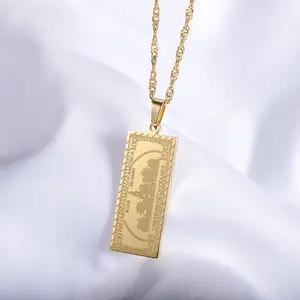 18K Gold Plated Stainless Steel Jewelry Square Engraved US Dollar Paper Money Pendant Necklace Women
