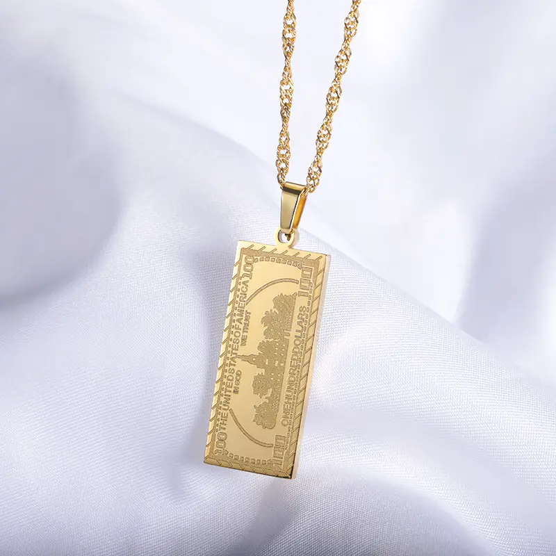 18K Gold Plated Stainless Steel Jewelry Square Engraved US Dollar Paper Money Pendant Necklace Women