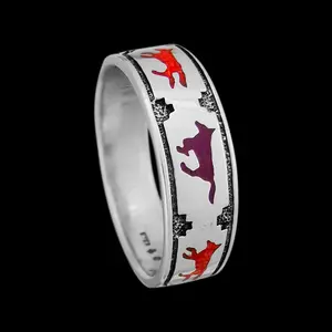 Sterling Silver Wildlife Ring • Running Wolves Design • Crushed Red Coral and Sugilite Accents