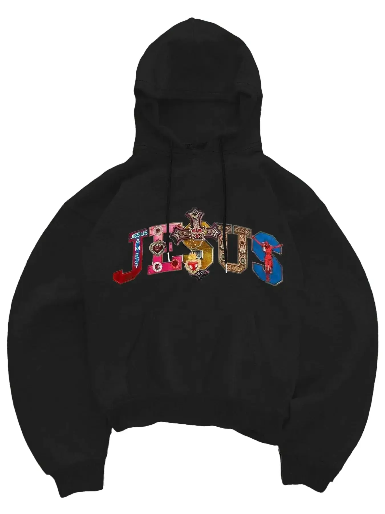 Neutral Hoodie with Vibrant Jesus Print and Cross Pattern, Aesthetic Hoodie, Christian Street Style Faith Based Streetwear Fitted Pullover for Fall & Winter Casual Wear, Long Sleeves Heavyweight Streetwear Sweatshirts Streetwear Classic Cotton