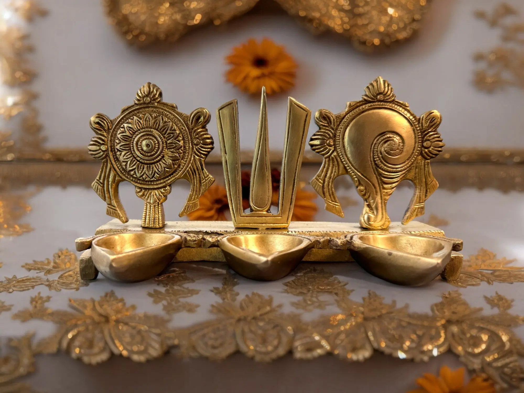 Beautiful Brass Shankh, Trishul & Chakra Base Hanging with Three Diya's for Mandir, Home Décor, Indian Festive Décor, Auspicious Gift for Housewarming Indian Religious Decor