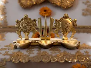 Beautiful Brass Shankh, Trishul & Chakra Base Hanging with Three Diya's for Mandir, Home Décor, Indian Festive Décor, Auspicious Gift for Housewarming Indian Religious Decor