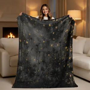 Celestial Starry Night Blanket  Aesthetic Golden Stars & Black Floral Throw - Mystical Dark Academia Room Decor - Ultra Soft Plush Fleece - Unique Gift for Her