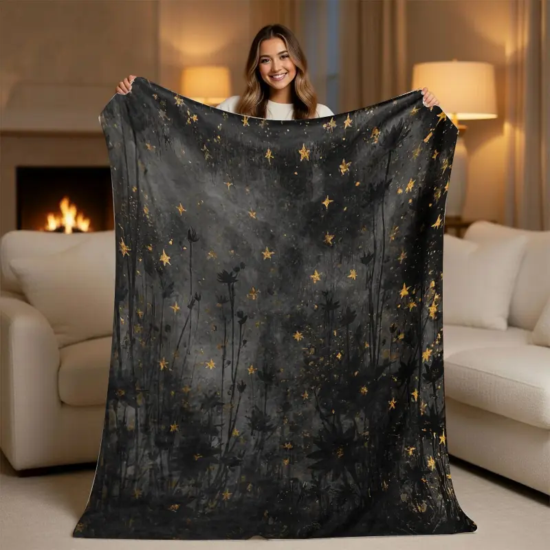 Celestial Starry Night Blanket - Aesthetic Golden Stars & Black Floral Decorative Graphic Art Print Cosmic Dark Blanket, Ultra Soft Plush Fleece, Celestial-Themed Dark Academia Room Decor, Unique Gift for Her, Celestial-Themed Blankets, Decorative Graphic