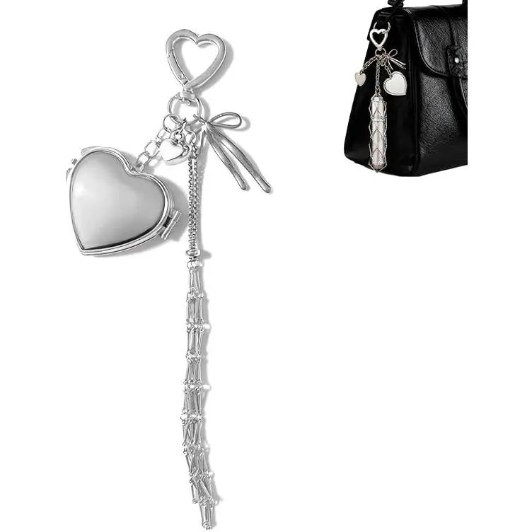 Veliora Gift B Lipstick Holder Keychain Lip Balm Holder Keychain Heart Bag Charm | Open frame tube holder with a heart clasp bow and hanging charms keeps lip products attached to compatible bags