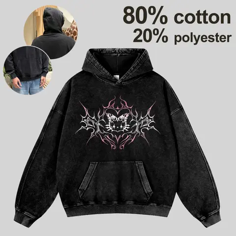 Men's 380g Oversize Thick Soft Casual Y2K Dark Aesthetic Cat Graphic Cotton Fabric Hoodie - Vintage Washed Pullover Sweatshirt for Back to School, First Day Outfits