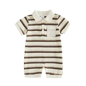 Infant Boy Short Sleeve Romper Classic Stripe Pattern Lapel Collar Bodysuit Summer Outfit