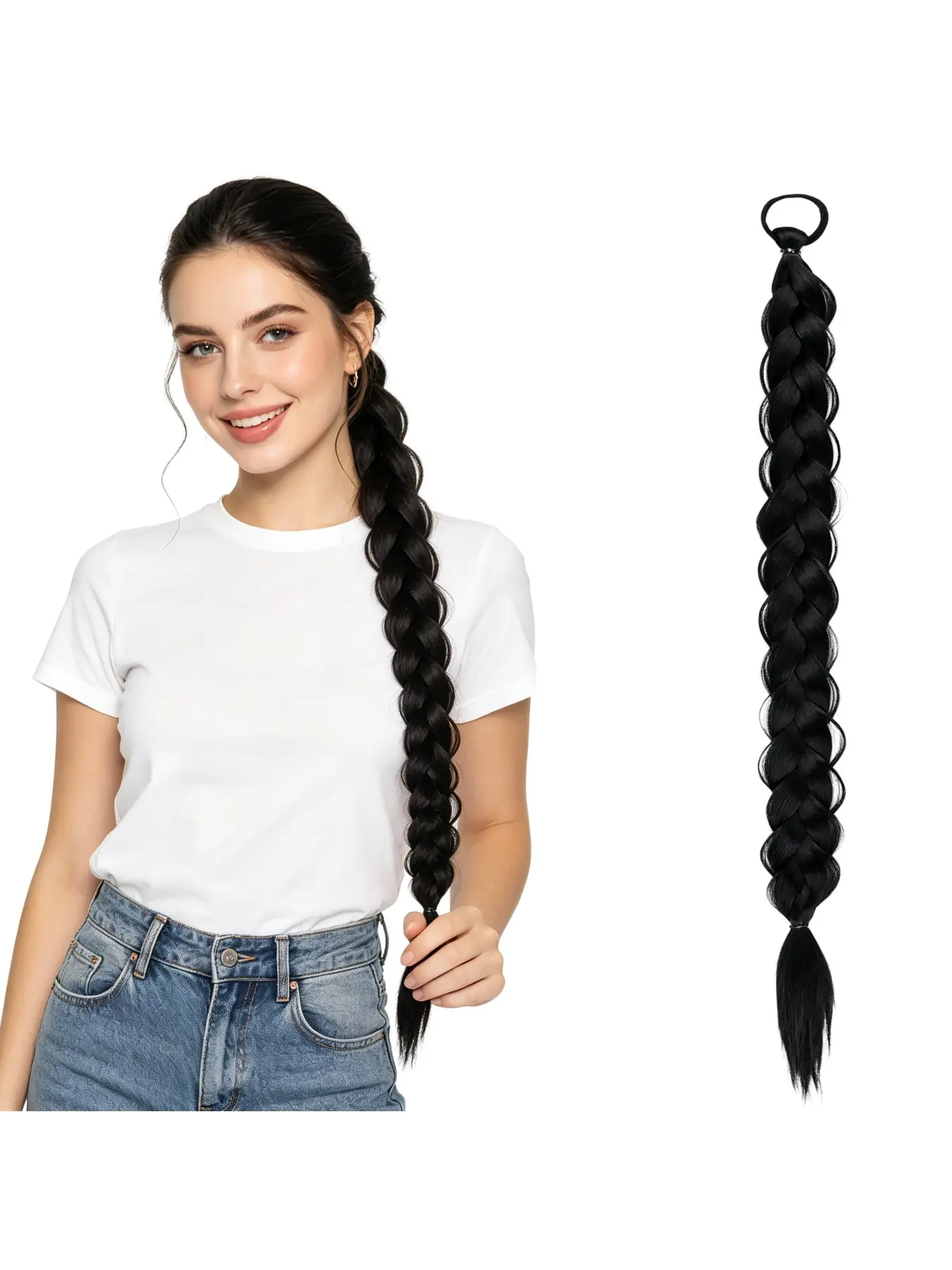 24-Inch Braided Ponytail Hair Extension, Natural Volume Elastic Fishbone Braid, Boxing Braid Wig for Women, Daily Wear, Synthetic Hair Extensions, Box Braids, Straight Ponytail Extensions, Braiding Extensions, Ponytail Hairpieces
