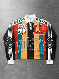 Same style for men and women, Spring and autumn loose-fitting, Fitted short-sleeve striped pullover hoodie, polo shirt with long sleeves, urban streetwear style American-style hoodie, streetwear suitable for hip-hop, campus life, back-to-school, Menswear