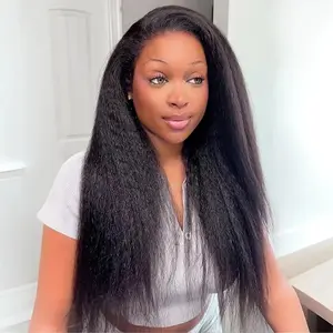 Kinky Straight Half Wig for Women, 3 in 1 Yaki Drawstring Glueless Synthetic Wig, No Lace Wear and Go Wig, Beginner Friendly Ready to Wear Wigs for Black Women as Human Hair (Black 1B, 22 Inch)
