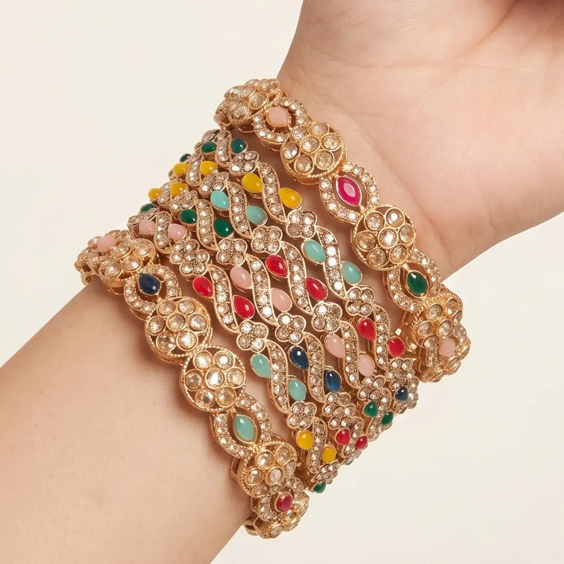 6 Pcs Multicolor Stone Bangles Set | Pearl Meenakari Kada | Indian Wedding & Party Jewelry