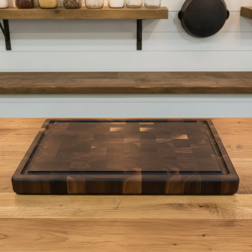 Handcrafted End‑Grain Black Walnut Butcher Block — 11.675 × 18 × 1.675" with Juice Groove & Rubber Feet
