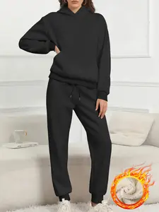 Women's  Thermal Lined   Solid Color Hoodie & Drawstring Waist Pants Two-piece Set, Casual Long Sleeve Hooded Sweatshirt & Pocket Trousers for Fall & Winter, Women's Clothes for Daily Wear