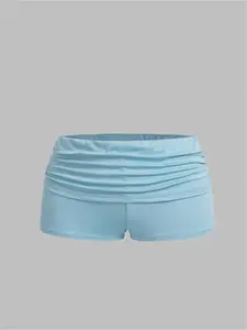 American Style Low Waist Sports Tight-Fitting Bodycon Shorts, Plain Ruched Shorts, Women's Casual Summer Wear, Comfortable and Stylish Workout Pants, Stretch Knit Shorts