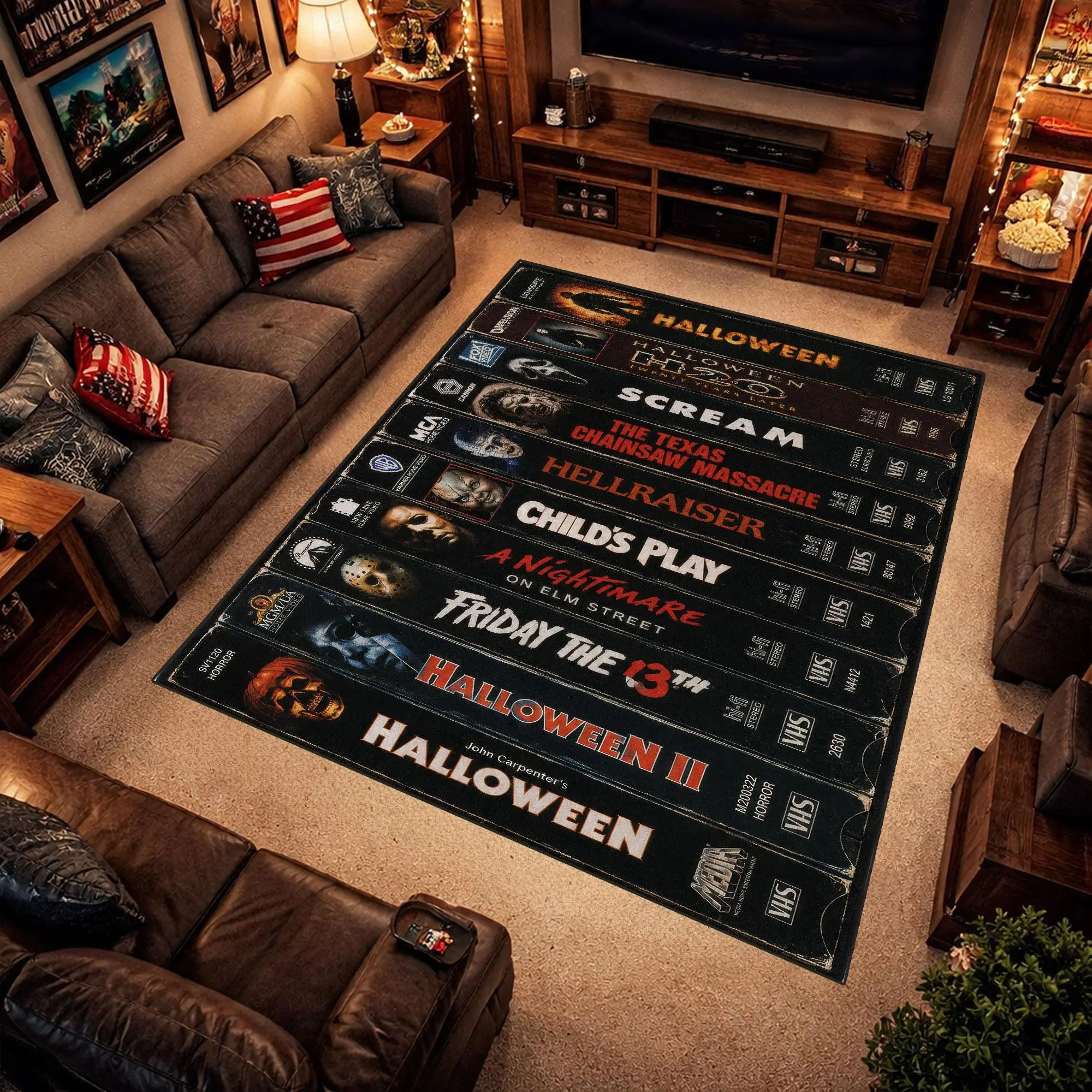 Black Horror VHS Area Rug, Retro Halloween Movie Room Carpet