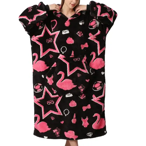 Cute Cartoon Pattern Hooded Blanket for Women Men, 1Pcs Oversized Wearable Hooded Nightwear Loungewear Womenswear Sweatshirt Pullover Christmas Gift, Warm and Cozy, Halloween Large Pocket Pajamas