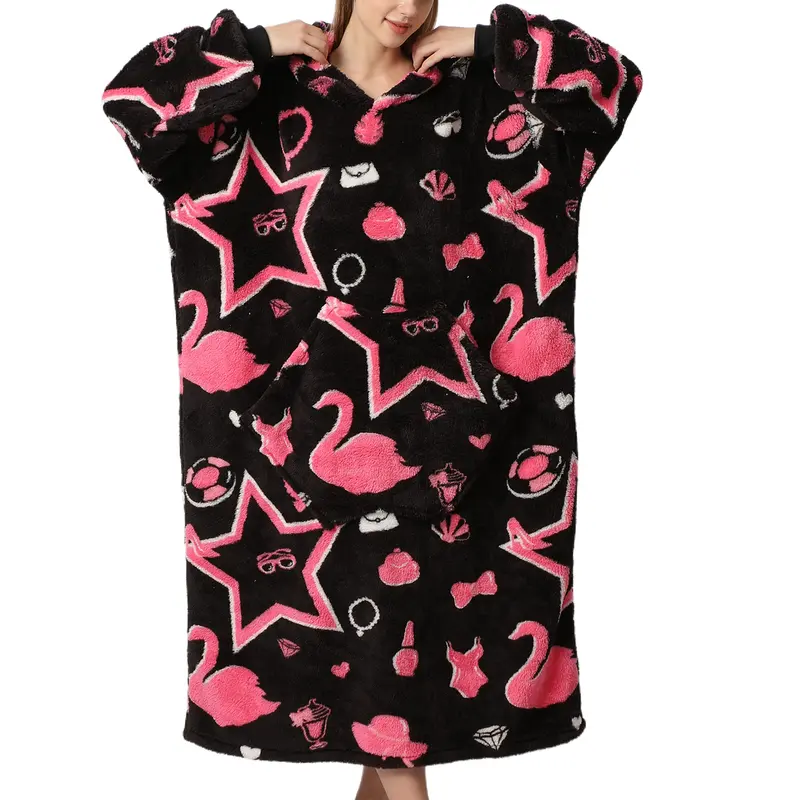 Cute Cartoon Pattern Hooded Blanket for Women Men, 1Pcs Oversized Wearable Hooded Nightwear Loungewear Womenswear Sweatshirt Pullover Christmas Gift, Warm and Cozy, Halloween Large Pocket Pajamas