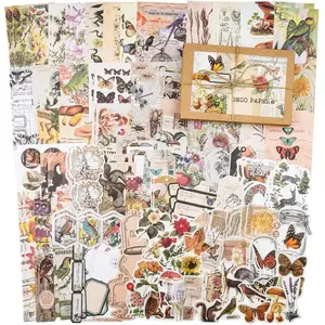 Vintage Material Paper Set, 200 Sheets Including 80pcs Sticker and 120pcs Non-adhesive Material Paper, Decorative Sticker for DIY Craft, Gift Wrapping