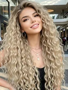 Ombre Ash Blonde Deep Wave  Lace Front Wig Long Curly Synthetic Lace Front Wig  13x4 HD Lace Front Synthetic Wig Ombre Blonde Glueless Synthetic Wig for Women Heat Resistant Curly Wig for Cosplay Daily Use