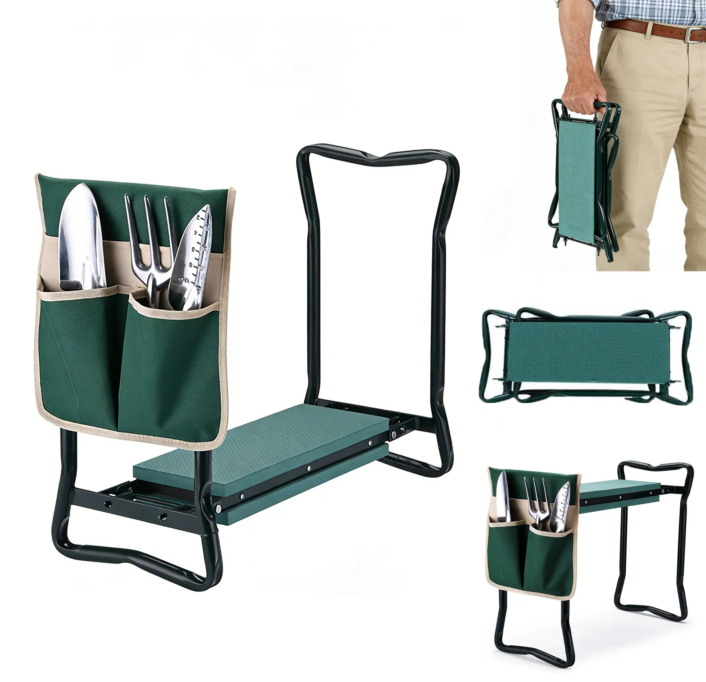 2-in-1 Garden Kneeler & Seat, Heavy-Duty Foldable Stool with EVA Foam Cushion, Metal Frame, 1 Tool Pouch - Portable Garden Gear with 2-in-1 Functionality, Stability, All Ages Fit for Outdoor Tasks, Relieves Aches