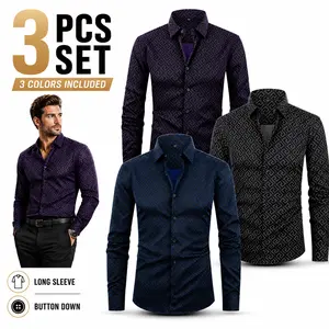 Men's Geometric Print Long Sleeve Button Down Shirt 3 Pack, Casual Dress Shirts for Men, Party Club Date Night Outfit