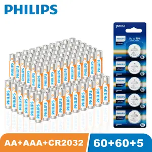 Philips 125 Pack Batteries Combo Set, 60 AA + 60 AAA Carbon Zinc Batteries + 5 CR2032 3V Lithium Coin Cells, Leak-Proof Long Lasting Power for Remote Controls, Toys, Clocks, Car Key Fobs, AirTag, Electronic Scales and All Household Devices