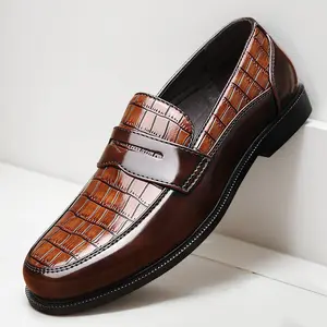 Men's Crocodile-Embossed Penny Loafers, Hand-Stitched Slip-On Formal Leather Shoes, Business Dress Loafers82687