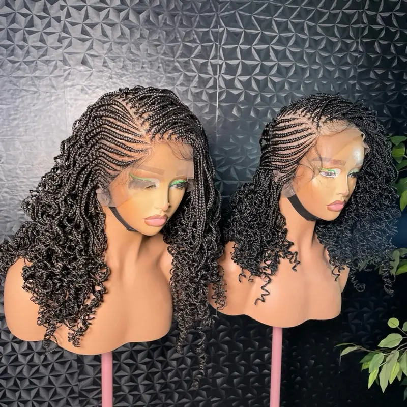 360 full lace 16 Inch Black watermelon bouncy tip Braided Lace Wigs for Women, Gorgeous Fluffy Wigs with Baby Hair Bangs, Synthetic Braided Full Lace Wigs for Party, Daily Use. Medium: Cap size :21.5 – 22.5”
