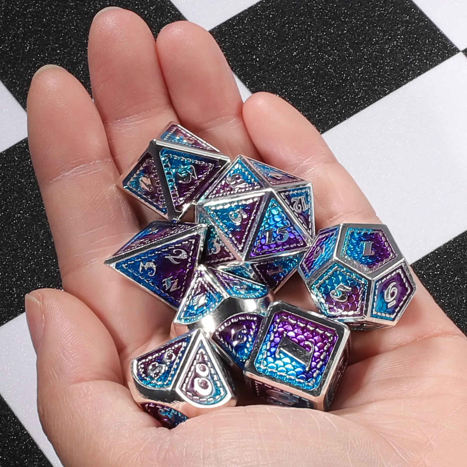 DND Metal D&D Dice Set,7 Pieces Meatal D&D Die with Gift Patterned Dice Bag,Party Dice, for Dungeons & Dragon Game, TPG,Pathfinder,card games rpg