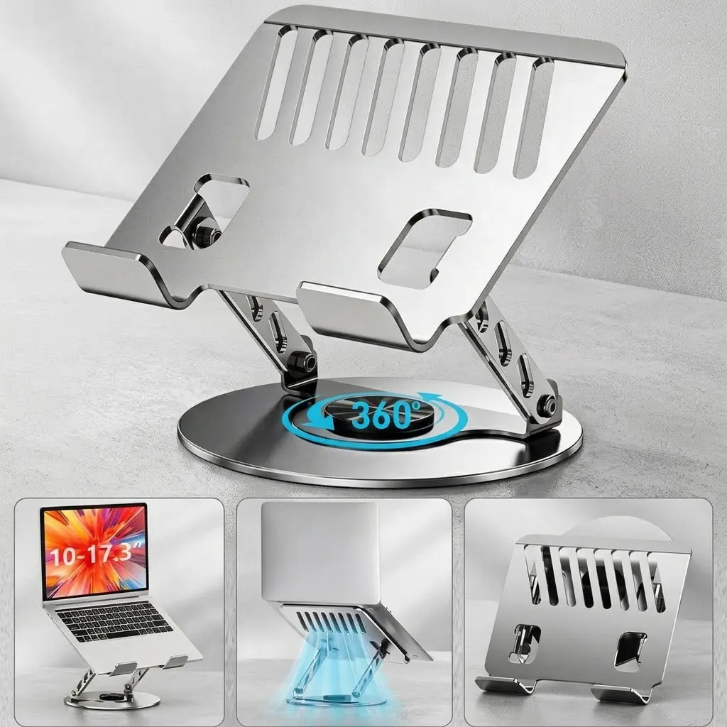 360° Rotating Laptop Stand for Desk, Adjustable Carbon Steel Laptop Riser with Ergonomic Height & Angle Adjustment, Foldable Computer Stand with Ventilated Cooling Design, Strong Dual Arm Support, Swivel Base for 10-17.3 Inch Laptop, Tablet, Home Office