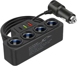 Multi-Function Cigarette Lighter Splitter Cell Phone Car Charger 4 Cigarette Lighter Sockets 1 PD Fast Charger Port 2-Port USB Power Adapter for Cell Phones Adapter