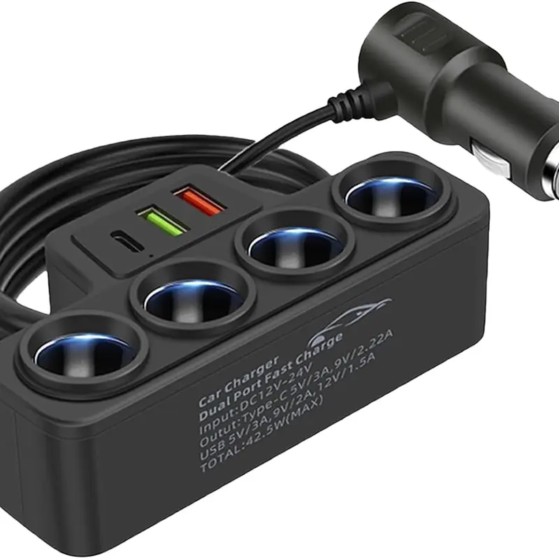 Multi-Function Cigarette Lighter Splitter Cell Phone Car Charger 4 Cigarette Lighter Sockets 1 PD Fast Charger Port 2-Port USB Power Adapter for Cell Phones Adapter