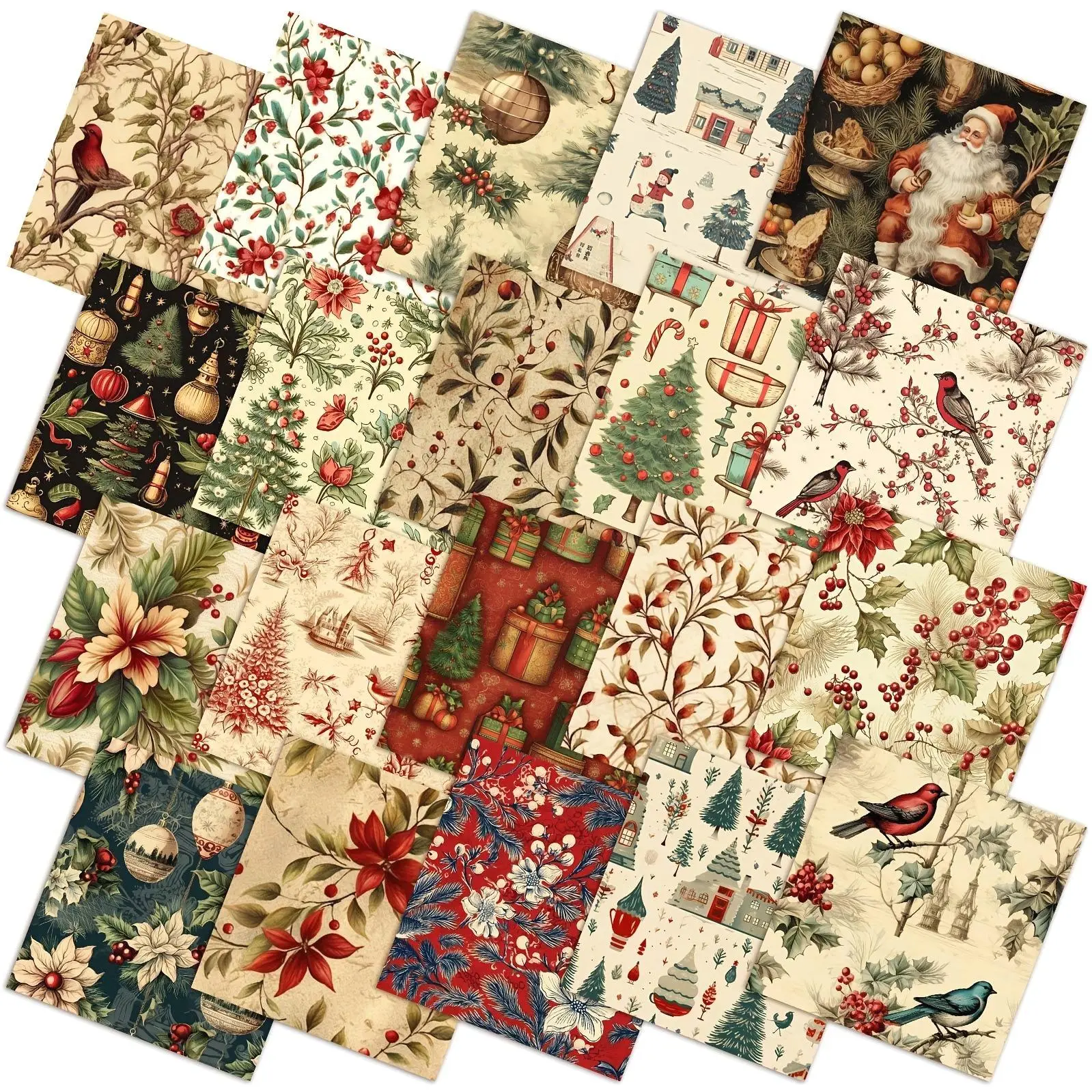 60pcs 10 X 10 Inch Vintage Christmas Quilting Fabric Rustic Christmas Fat Squares Patchwork Precut Strips Santa Claus Red Cardinal Fabric Bundles for Xmas Quilting Crafting DIY Craft Sewing