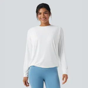 Halara Round Neck Long Sleeve Ruched Yoga Sports Top-UPF50+