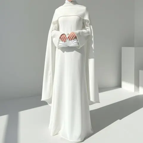 Women's Elegant Polyester Formal Evening Dress - Cape Sleeves, Pearl Embellishments, Zipper Closure, Premium Fabric, Elegance Design (MA337)