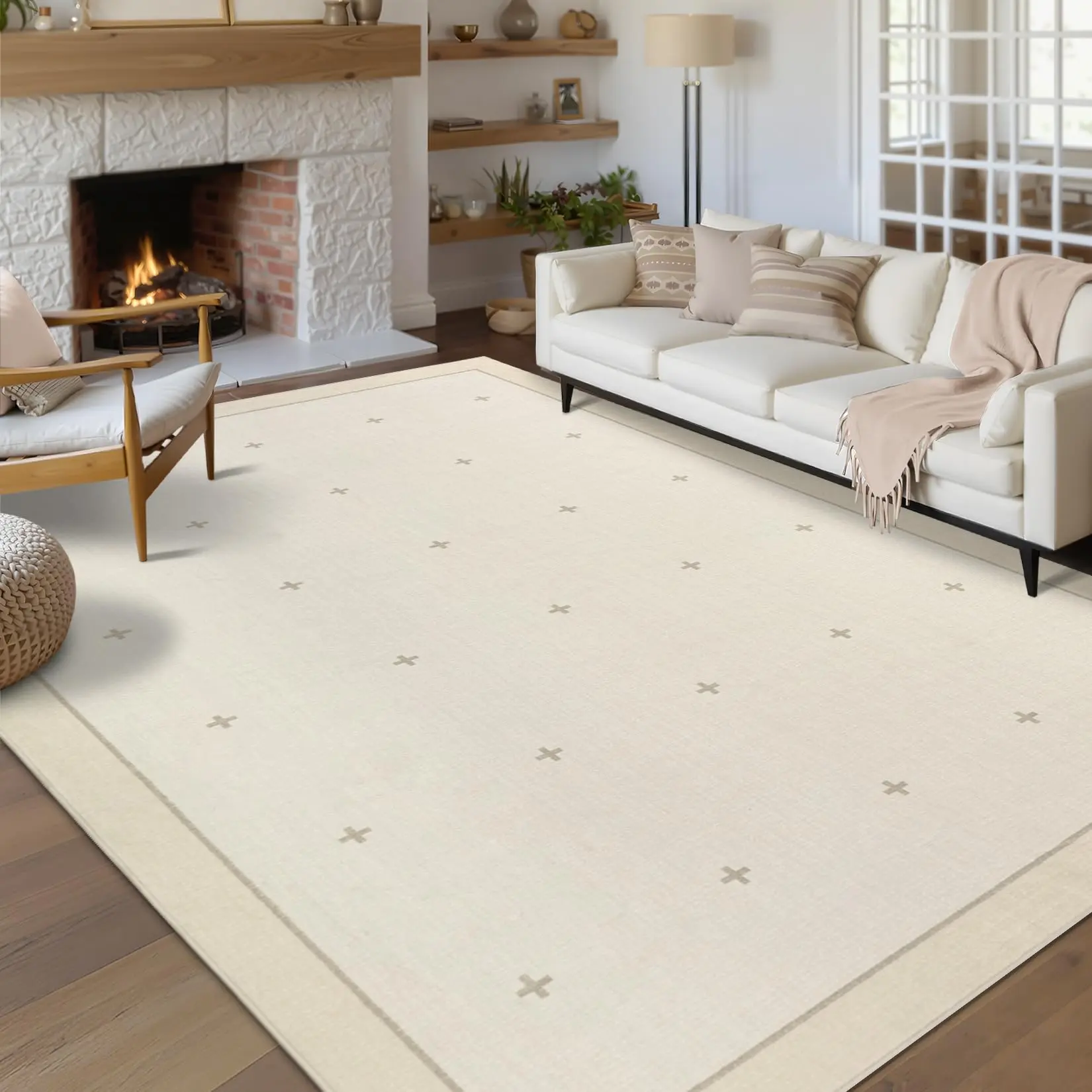 Washable 9x12 Area Rug for Living Room Beige Rug Non Slip Soft Bedroom Rugs Neutral Cream Low Pile Stain Resistant Carpet for Nursery Dining Room Classroom Playroom, Beige
