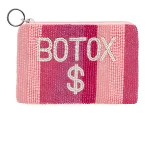Botox Beaded Coin Purse - Handmade Satin Lined with Zipper & Key Ring - Pink Bead Design - Fits Keys, Card Case, Lip Gloss, Pocket Mirror
