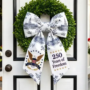 USA 250th Anniversary Wreath Sash – Blue White Toile Patriotic Bow for Front Door Americana Decor