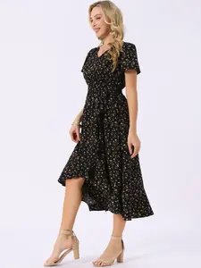 INSPIRE CHIC Women's Summer Dresses Flutter Short Sleeve Wrap Ruffle High Low Hem V Neck Floral Midi Dress